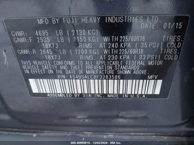 Subaru Outback 2.5i Limited 2015 4S4BSALC8F3283586 Image 9