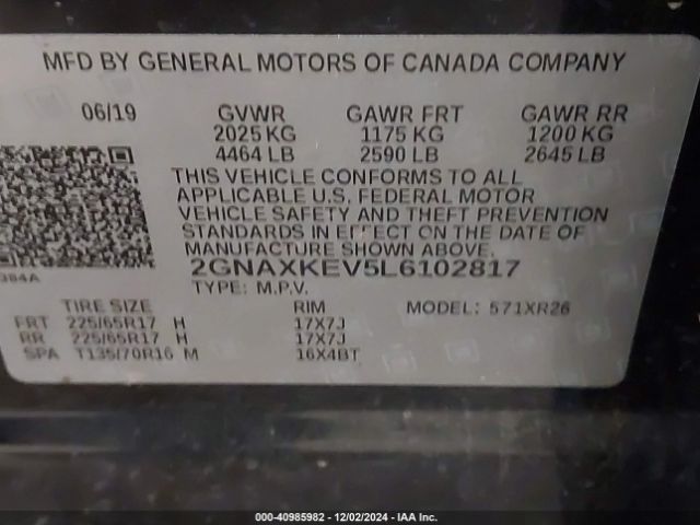 2GNAXKEV5L6102817 Chevrolet Equinox Fwd Lt 1.5l Turbo