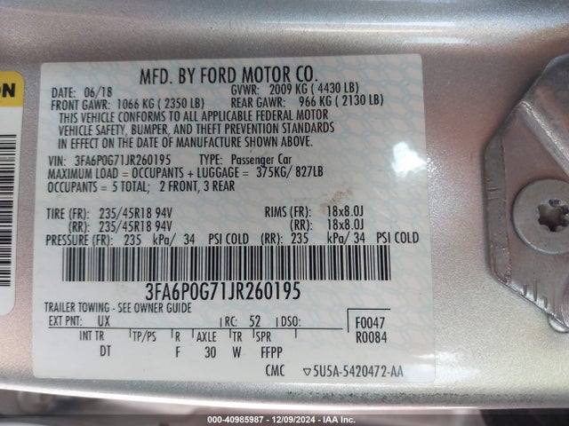 3FA6P0G71JR260195 Ford FUSION S