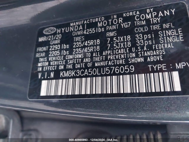 KM8K3CA50LU576059 Hyundai Kona Limited