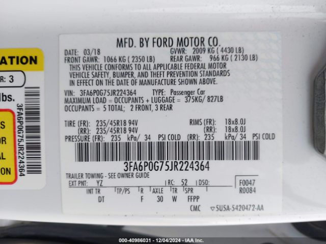 3FA6P0G75JR224364 Ford FUSION S