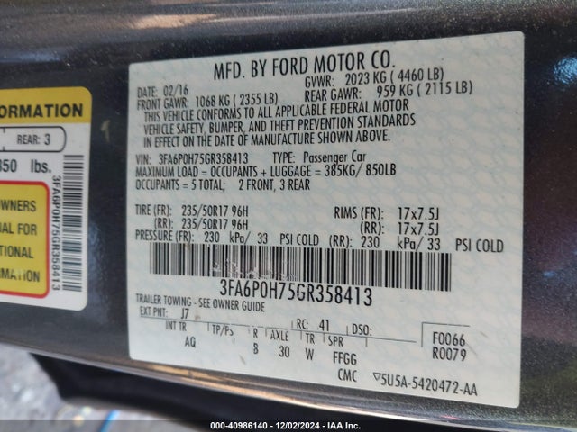 Ford FUSION SE 2016 3FA6P0H75GR358413 Image 9