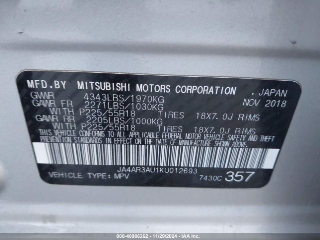 JA4AR3AU1KU012693 Mitsubishi Outlander Sport 2.0 Se