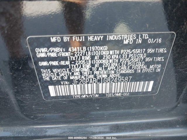 Aukcja sprzedaży 2016 Subaru Crosstrek 2.0i Premium, vin: JF2GPABC1G8249587, numer aukcji: 40986284