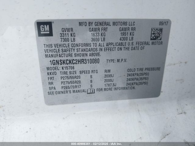 1GNSKCKC2HR310080 Chevrolet Tahoe Premier