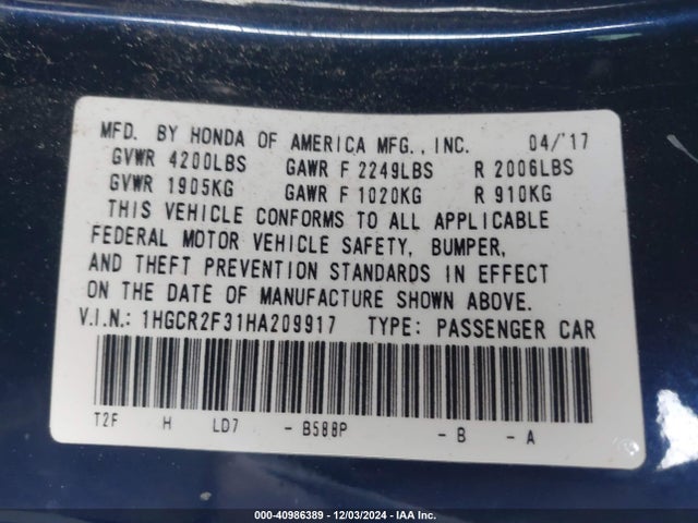 Honda ACCORD LX 2017 1HGCR2F31HA209917 Image 9