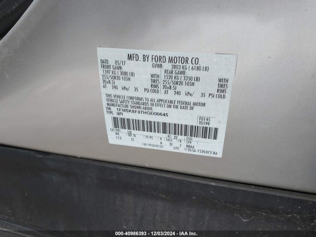 Ford Explorer Limited 2017 1FM5K8F87HGD00645 Image 9