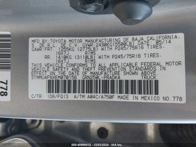 3TMMU4FNXEM070156 Toyota Tacoma Base V6