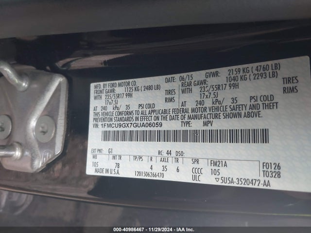 Ford ESCAPE SE 2016 1FMCU9GX7GUA06059 Image 9