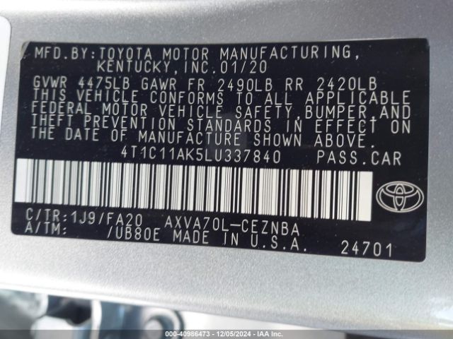 4T1C11AK5LU337840 Toyota CAMRY LE
