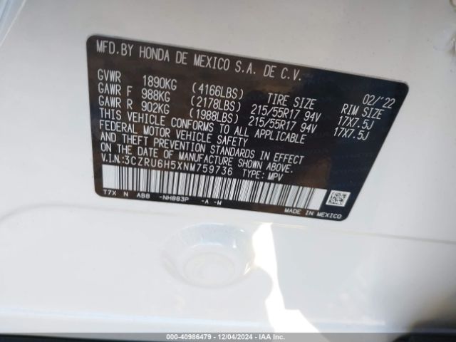 3CZRU6H5XNM759736 Honda Hr-v Awd Ex