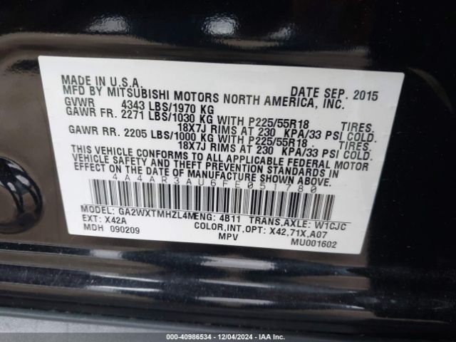 4A4AR3AU6FE051780 Mitsubishi Outlander Sport Es