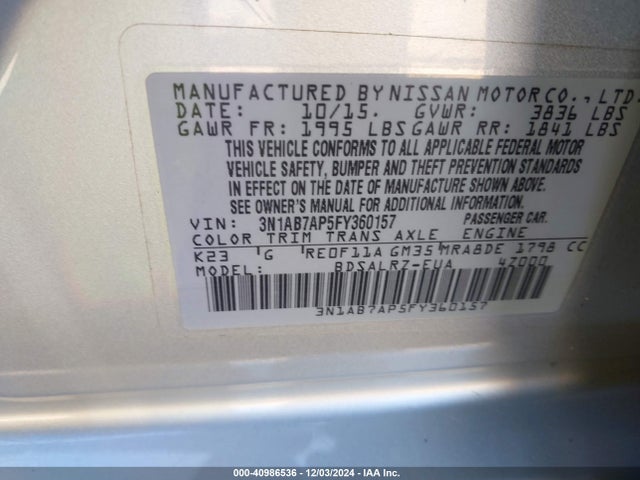 Nissan SENTRA SR 2015 3N1AB7AP5FY360157 Image 9