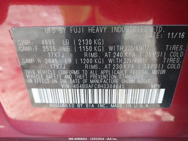 4S4BSAFC8H3304645 Subaru Outback 2.5i Premium