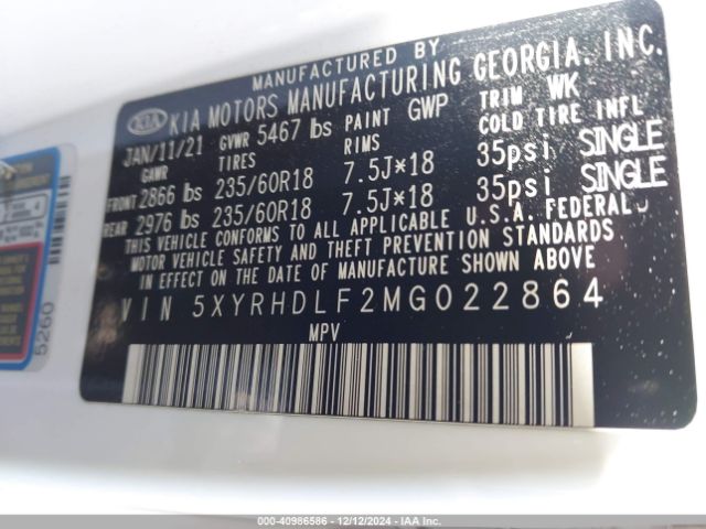 5XYRHDLF2MG022864 KIA SORENTO EX