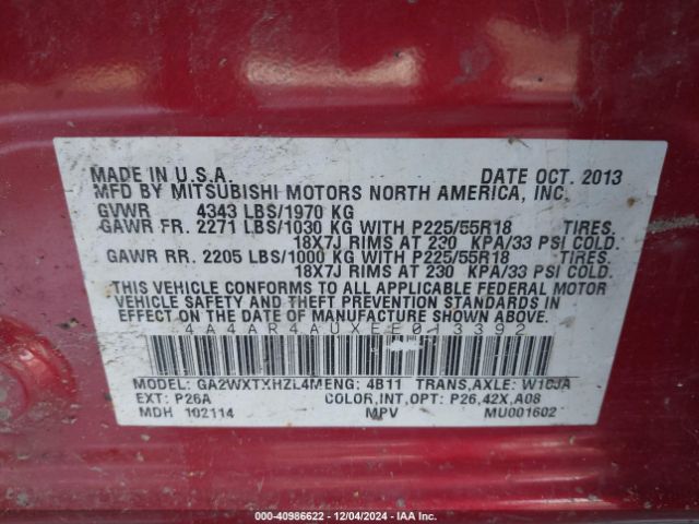 4A4AR4AUXEE013392 Mitsubishi Outlander Sport Se