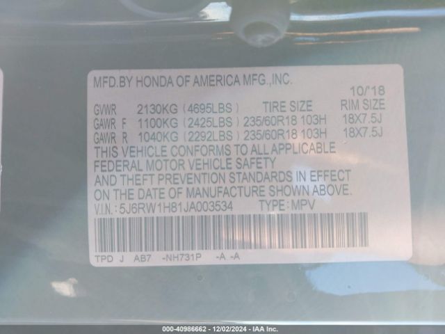 5J6RW1H81JA003534 Honda Cr-v Ex-l/ex-l Navi