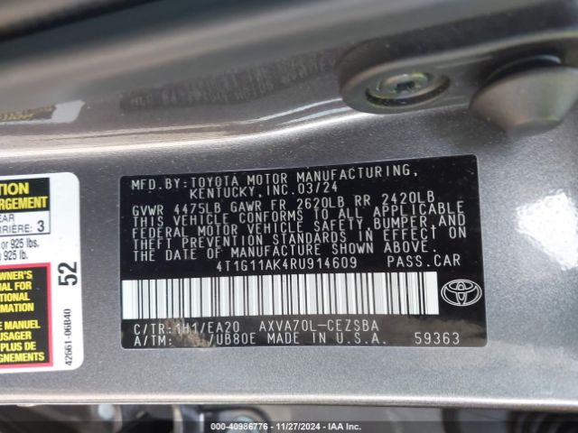 4T1G11AK4RU914609 Toyota CAMRY SE