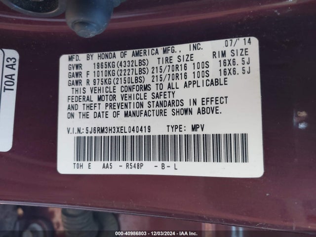 Honda CR-V LX 2014 5J6RM3H3XEL040419 Image 9