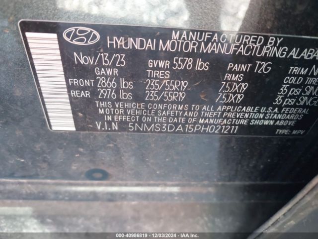 5NMS3DA15PH021211 Hyundai Santa Fe Hybrid Sel Premium