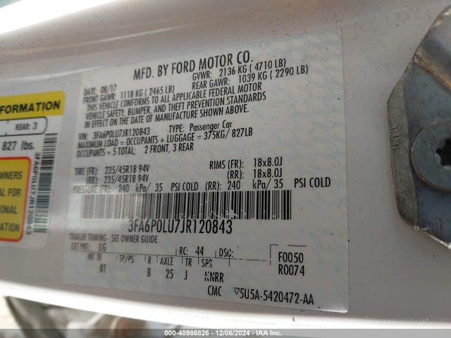 Ford Fusion Hybrid Se 2018 3FA6P0LU7JR120843 Image 9