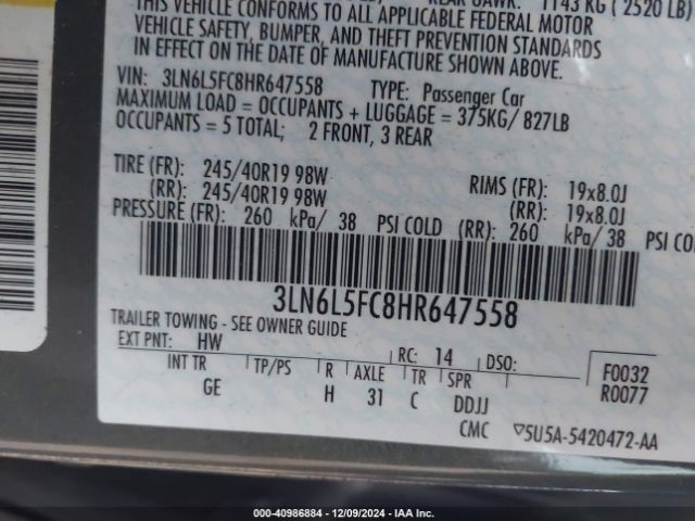 3LN6L5FC8HR647558 Lincoln Mkz Reserve