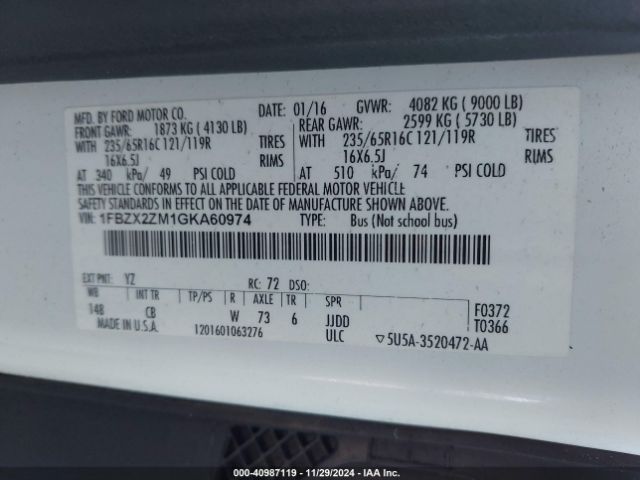 1FBZX2ZM1GKA60974 Ford Transit-350 Xlt