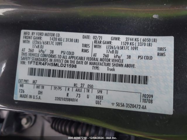 1FTER4FH5MLD21598 Ford Ranger Lariat