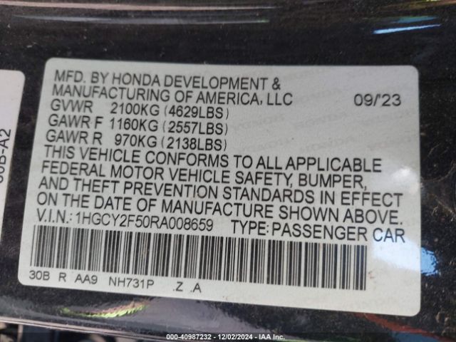 1HGCY2F50RA008659 Honda Accord Hybrid Sport