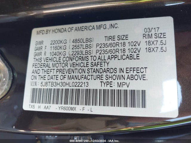 5J8TB3H30HL022213 Acura Rdx Acurawatch Plus Package
