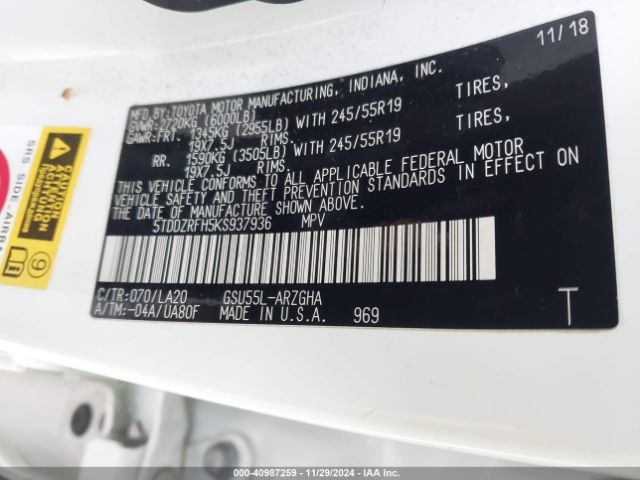 5TDDZRFH5KS937936 Toyota Highlander Limited