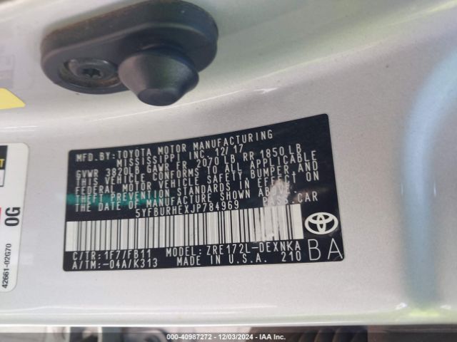 5YFBURHEXJP784969 Toyota COROLLA LE