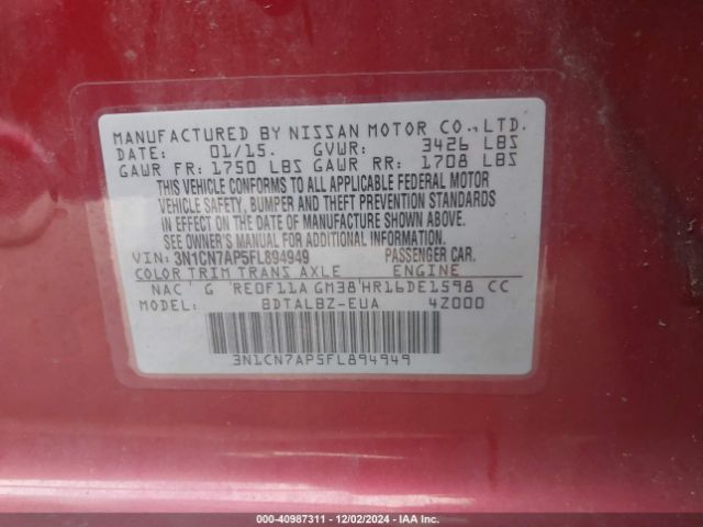 3N1CN7AP5FL894949 Nissan Versa 1.6 Sv