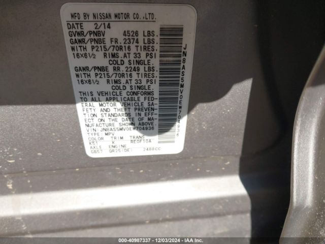 JN8AS5MV0EW704936 Nissan Rogue Select S