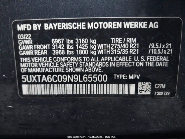 5UXTA6C09N9L65500 BMW X5 Phev Xdrive45e
