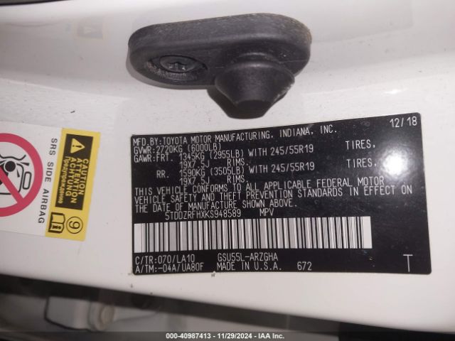 5TDDZRFHXKS948589 Toyota Highlander Limited
