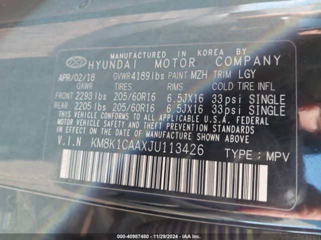 KM8K1CAAXJU113426 Hyundai Kona Se