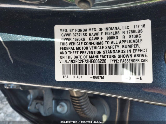 Honda CIVIC EX 2017 19XFC2F73HE006220 Image 9