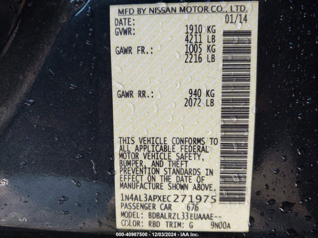 Nissan Altima 2.5 S 2014 1N4AL3APXEC271975 Image 9