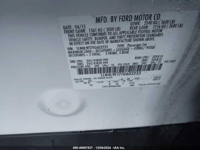 Lincoln Mks Ecoboost 2015 1LNHL9FT7FG603233 Image 9