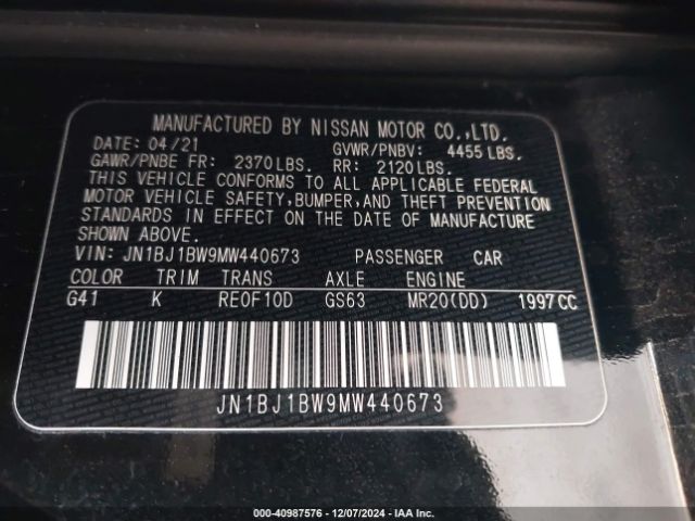 JN1BJ1BW9MW440673 Nissan Rogue Sport Sv Awd Xtronic Cvt
