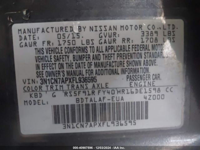 3N1CN7APXFL936595 Nissan Versa 1.6 S