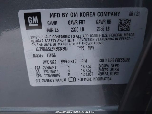 KL79MRSL3NB034305 Chevrolet Trailblazer Awd Lt