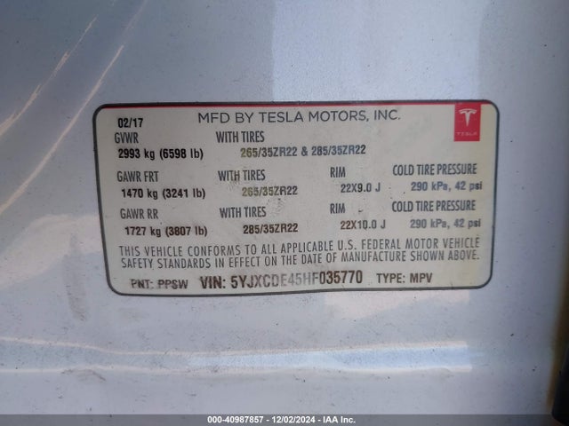2017 TESLA MODEL X 5YJXCDE45HF035770 Photo 8
