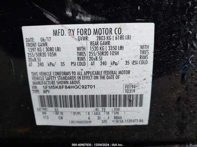 Ford Explorer Limited 2017 1FM5K8F84HGC92701 Image 9
