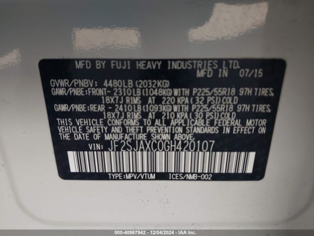JF2SJAXC0GH420107 Subaru Forester 2.5i Touring