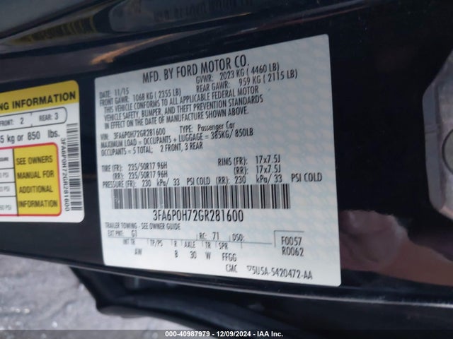 Ford FUSION SE 2016 3FA6P0H72GR281600 Image 9