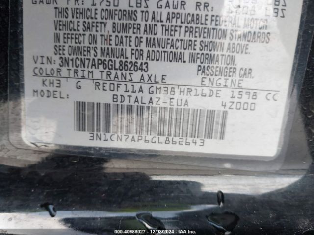 3N1CN7AP6GL862643 Nissan Versa 1.6 S+