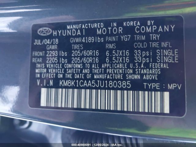 KM8K1CAA5JU180385 Hyundai Kona Se