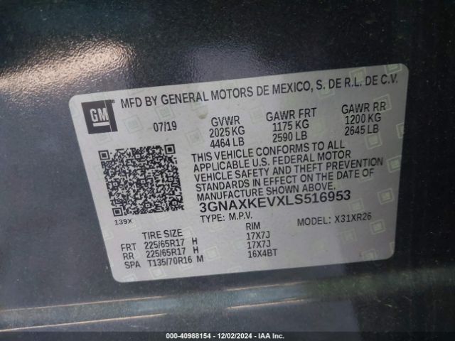 3GNAXKEVXLS516953 Chevrolet Equinox Fwd Lt 1.5l Turbo